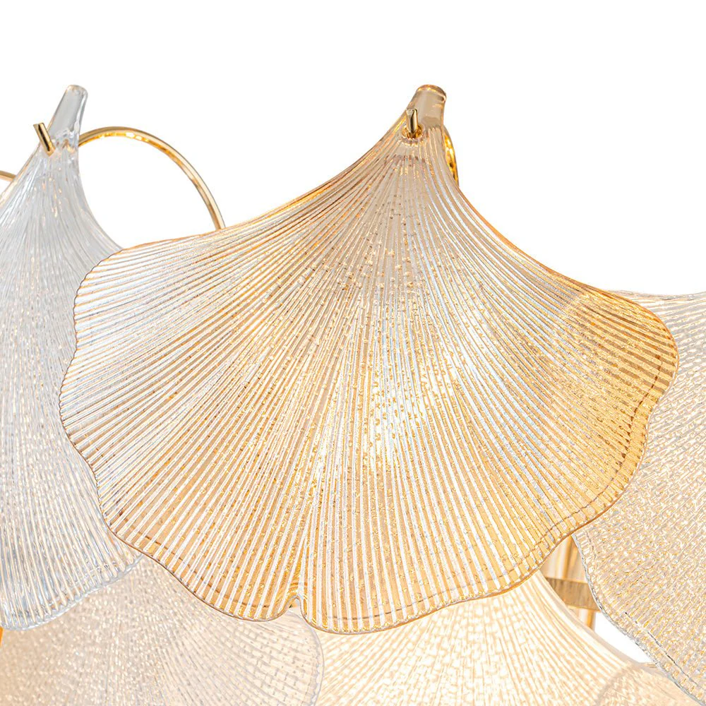 French Gold Layered Ginkgo Leaf Textured Glass Chandelier - Image 12