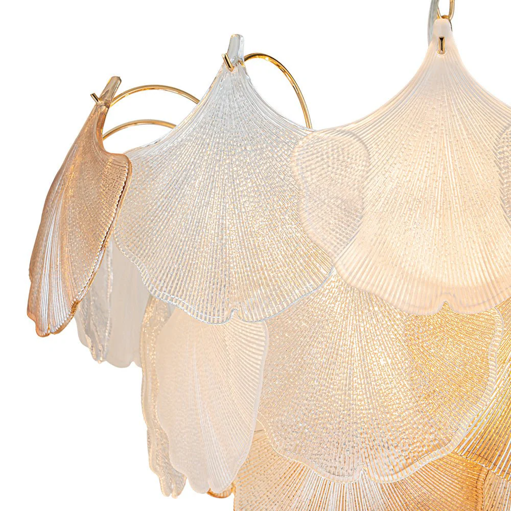 French Gold Layered Ginkgo Leaf Textured Glass Chandelier - Image 13