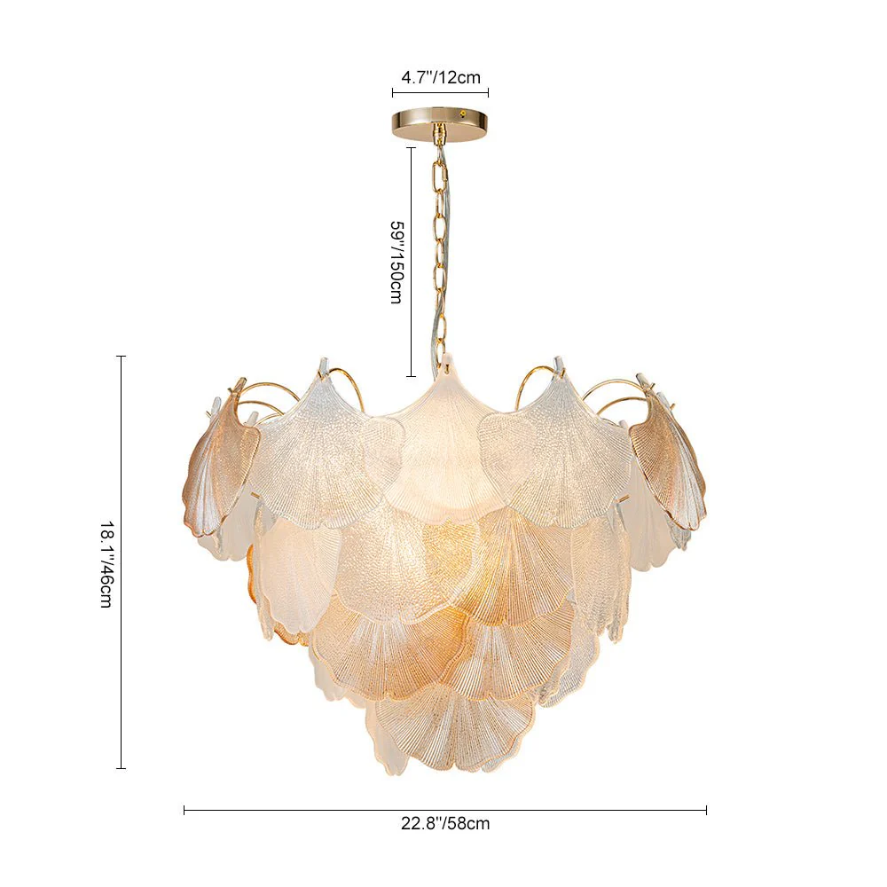 French Gold Layered Ginkgo Leaf Textured Glass Chandelier - Image 15