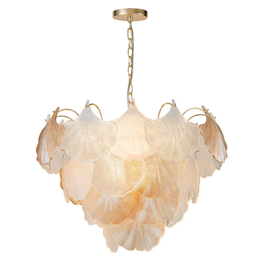 French Gold Layered Ginkgo Leaf Textured Glass Chandelier - Image 3