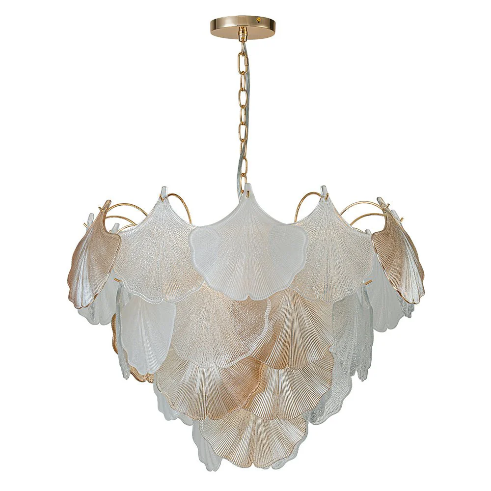 French Gold Layered Ginkgo Leaf Textured Glass Chandelier - Image 4
