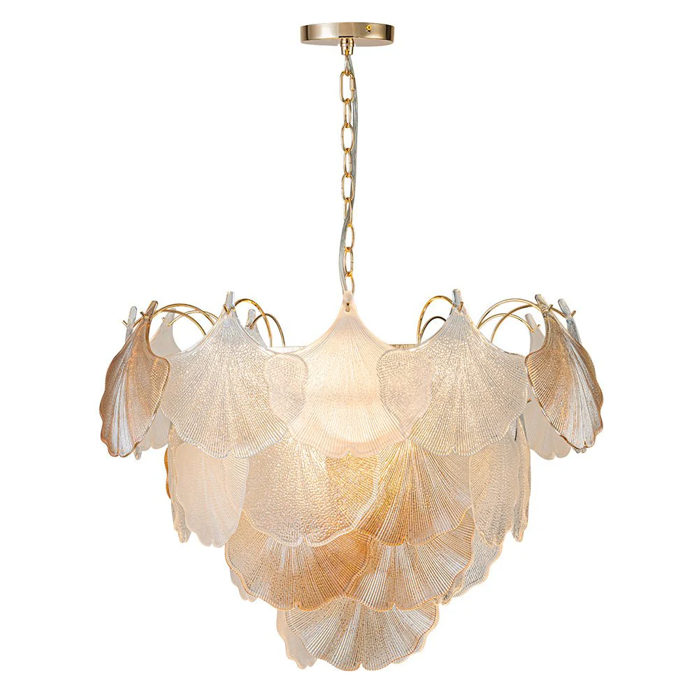 French Gold Layered Ginkgo Leaf Textured Glass Chandelier - Image 5