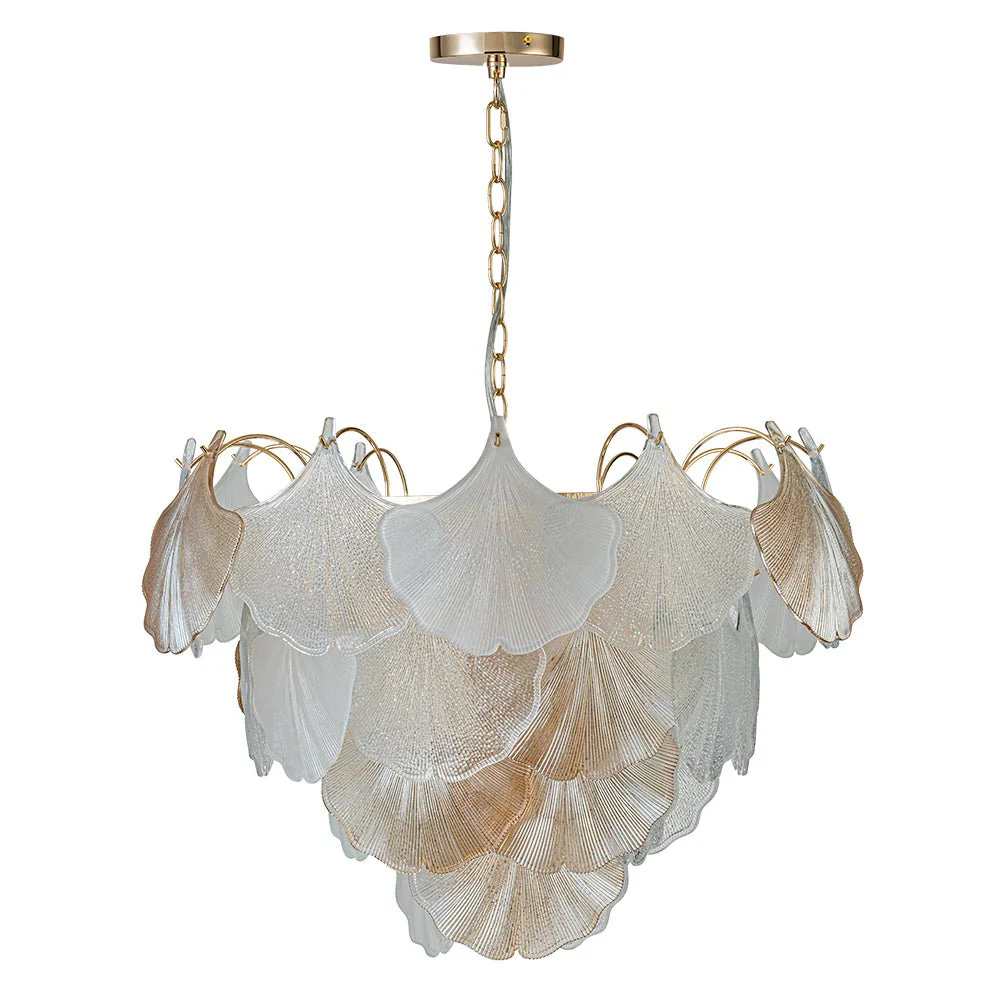 French Gold Layered Ginkgo Leaf Textured Glass Chandelier - Image 6