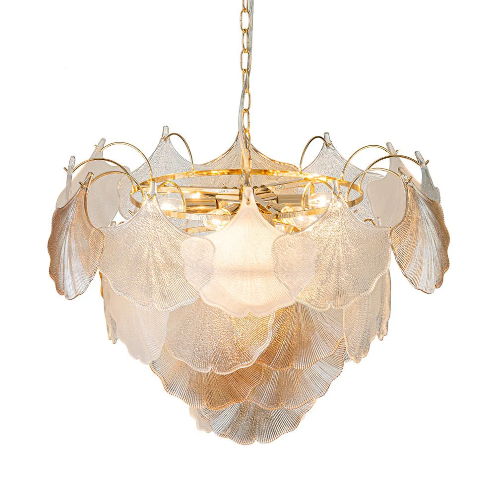 French Gold Layered Ginkgo Leaf Textured Glass Chandelier - Image 7