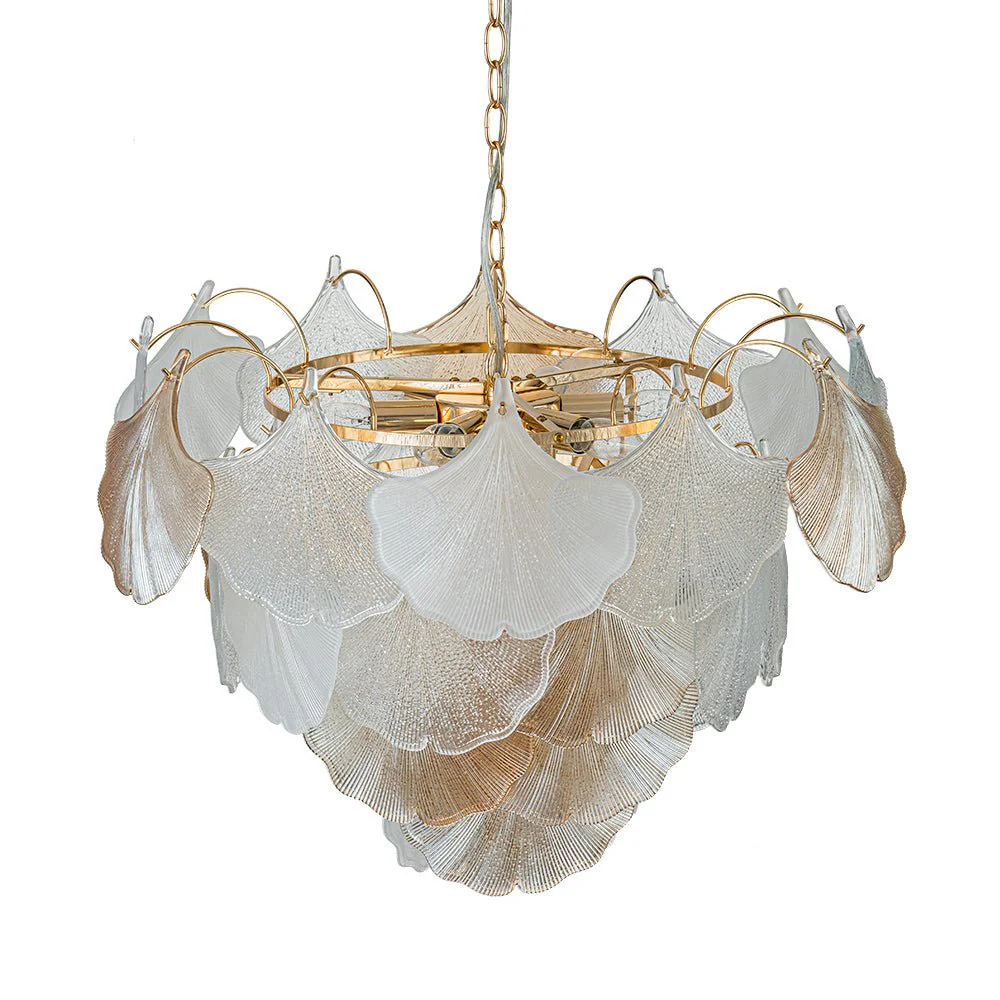 French Gold Layered Ginkgo Leaf Textured Glass Chandelier - Image 8