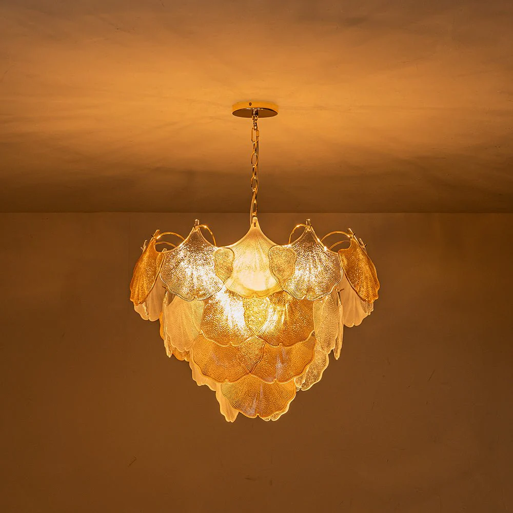 French Gold Layered Ginkgo Leaf Textured Glass Chandelier - Image 9