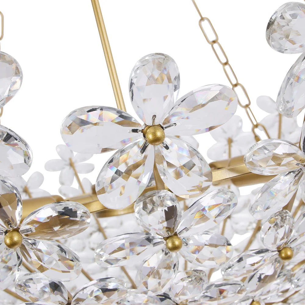 French Luxe Brass Bloom Crystal Floral Basket Chandelier - Image 13