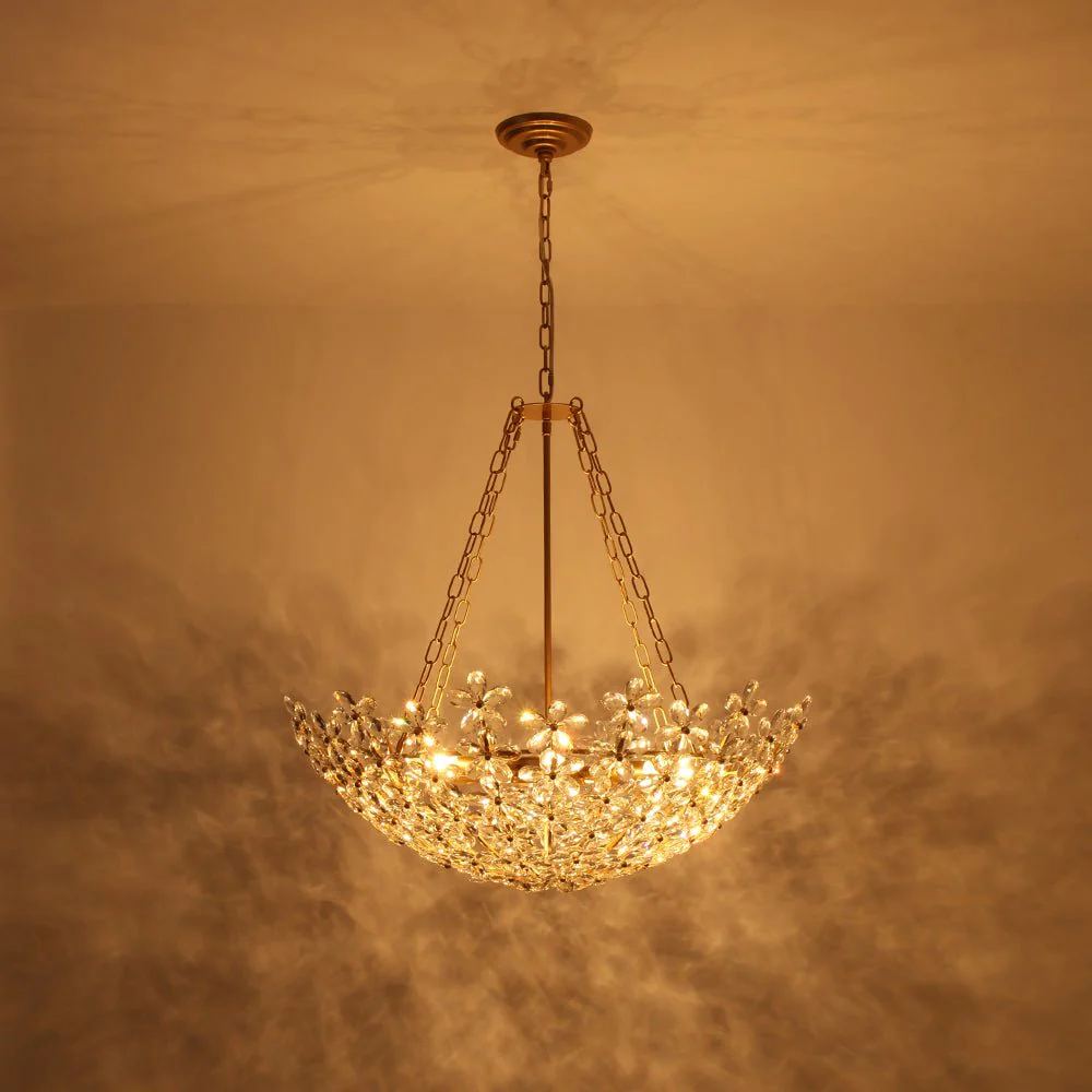 French Luxe Brass Bloom Crystal Floral Basket Chandelier - Image 4