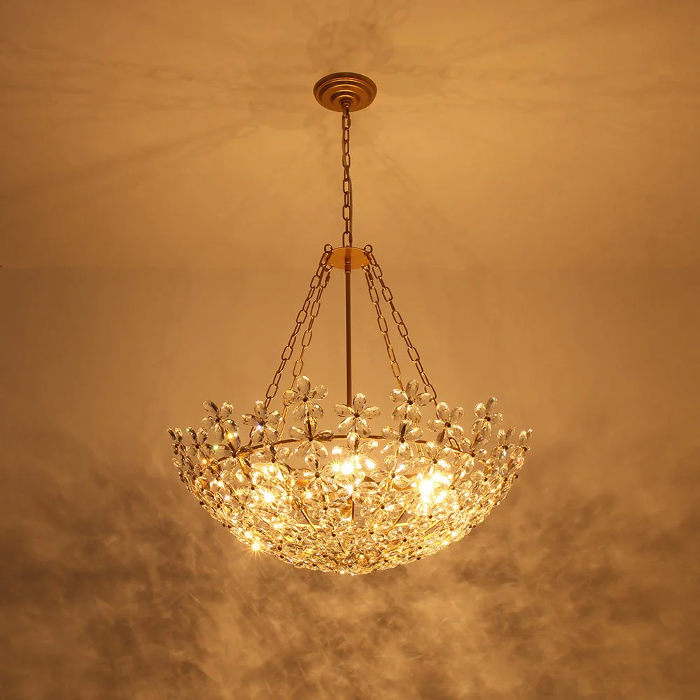 French Luxe Brass Bloom Crystal Floral Basket Chandelier - Image 5