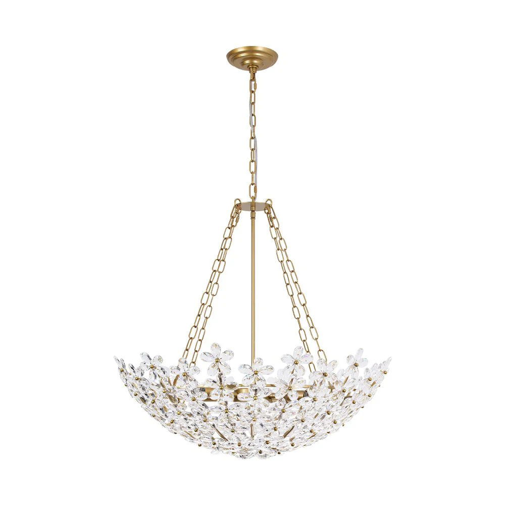 French Luxe Brass Bloom Crystal Floral Basket Chandelier - Image 9