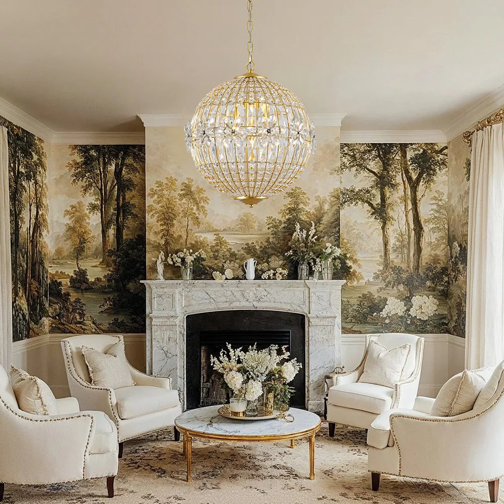 French Luxury Brass Floral Crystal Globe Chandelier - Image 2