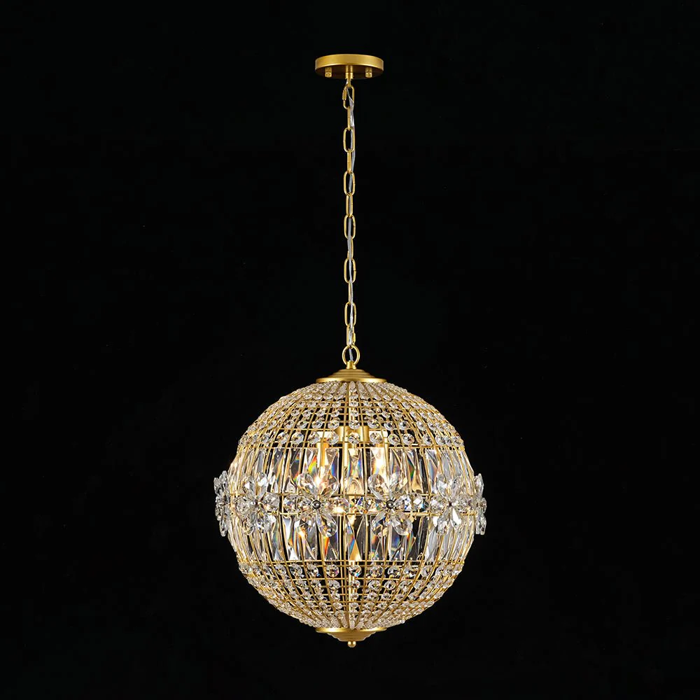 French Luxury Brass Floral Crystal Globe Chandelier - Image 3