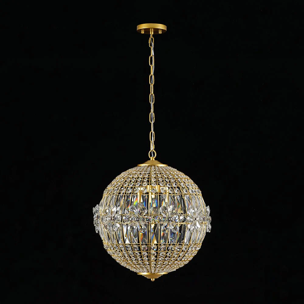 French Luxury Brass Floral Crystal Globe Chandelier - Image 4