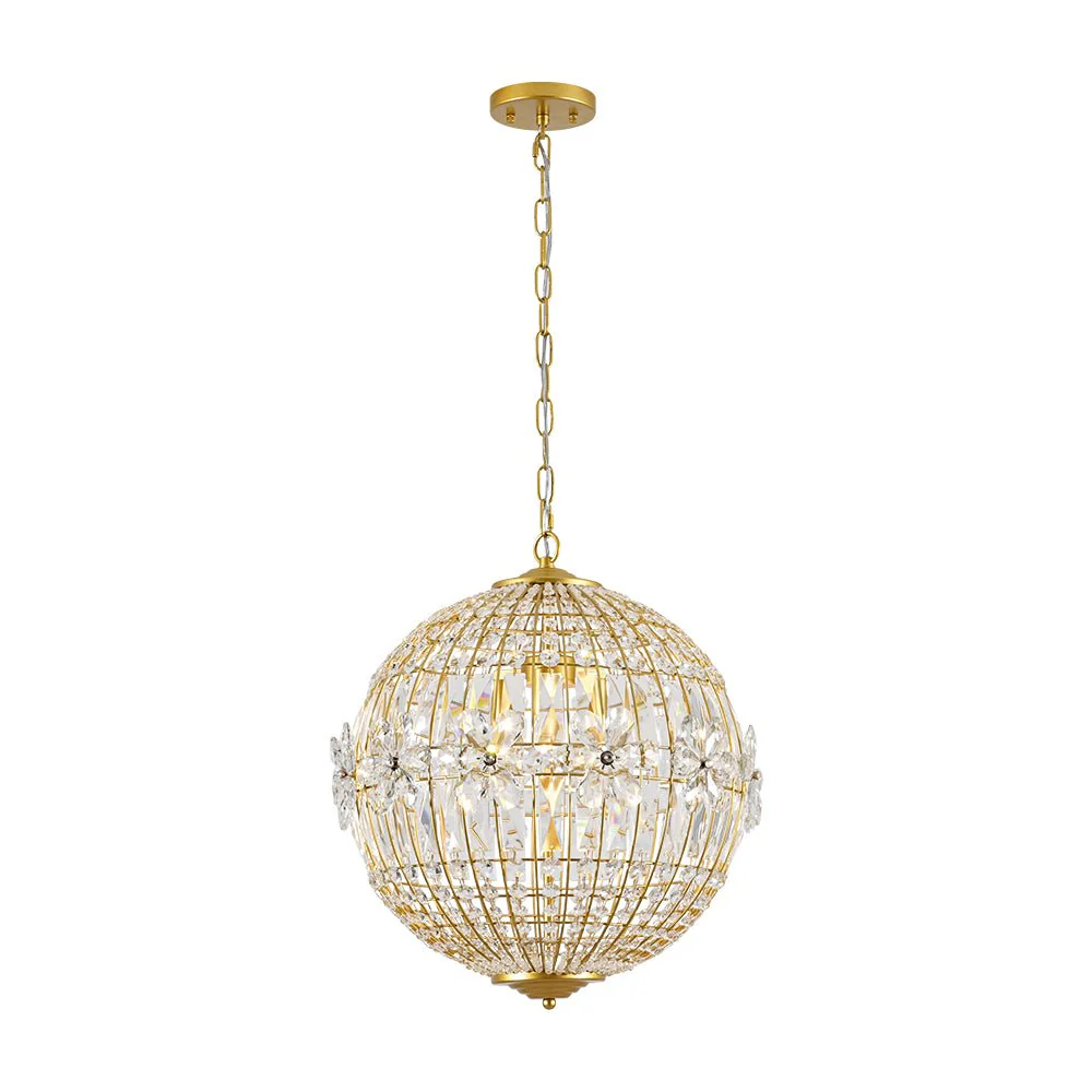 French Luxury Brass Floral Crystal Globe Chandelier - Image 5