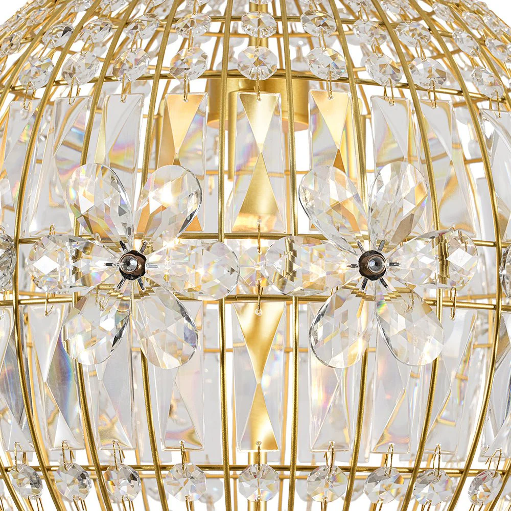 French Luxury Brass Floral Crystal Globe Chandelier - Image 9