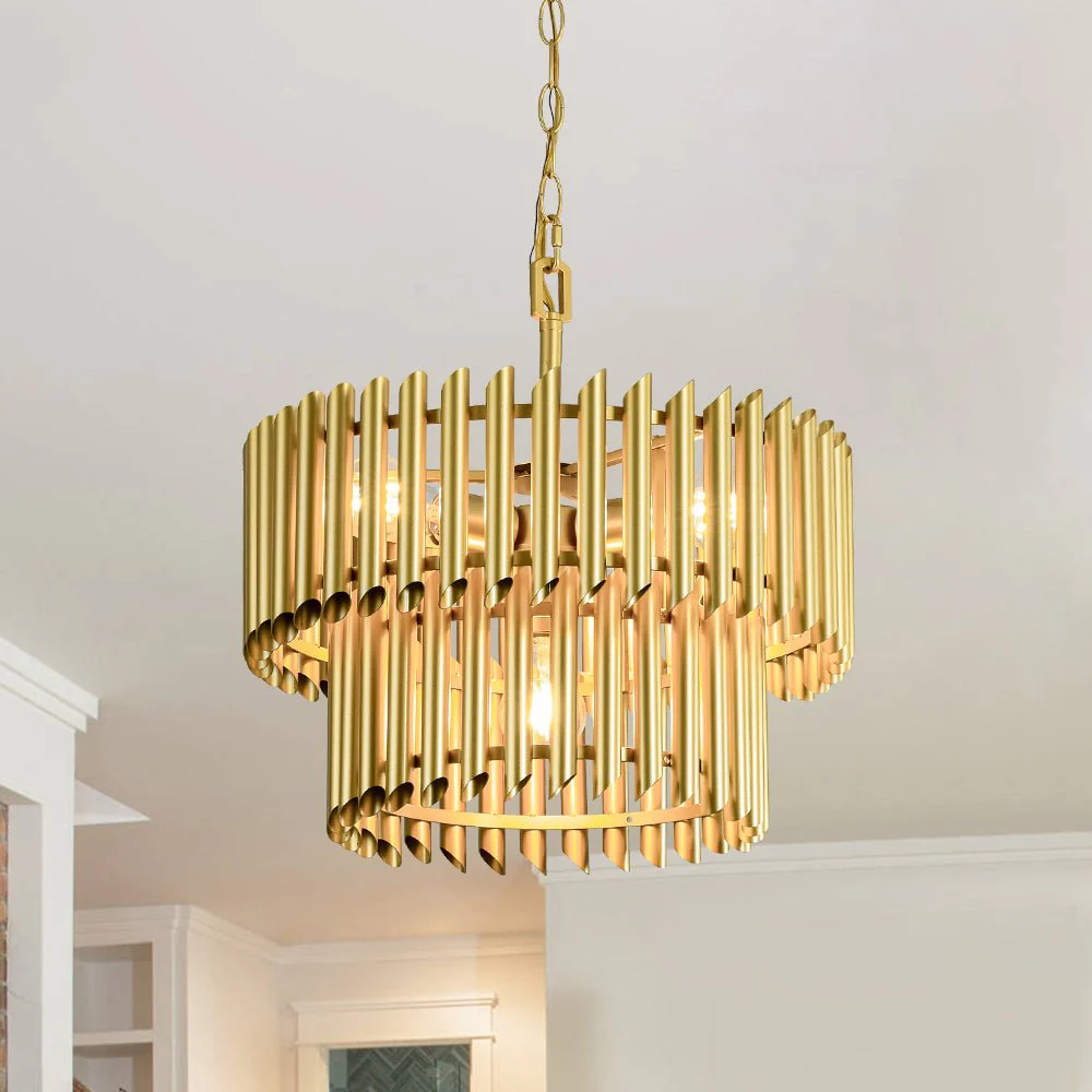 French Luxury Gold 2-Tier Metal Drum Cage Chandelier - Image 2