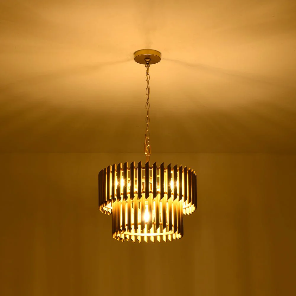 French Luxury Gold 2-Tier Metal Drum Cage Chandelier - Image 7