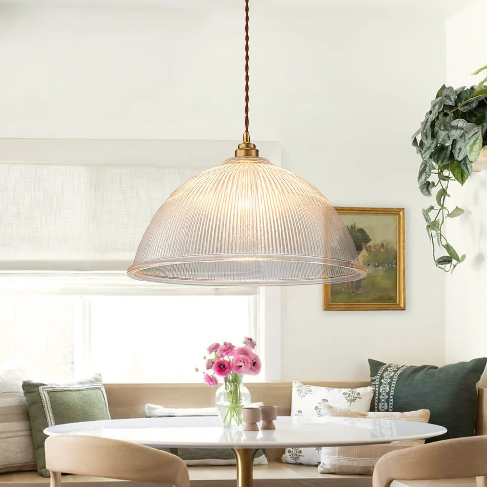 French Retro 1-Light Clear Ribbed Glass Dome Pendant - Image 3