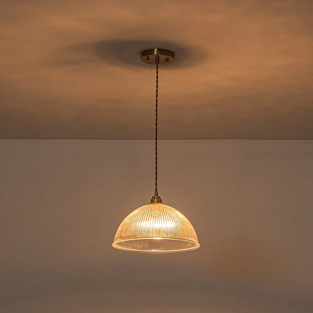 French Retro 1-Light Clear Ribbed Glass Dome Pendant - Image 9