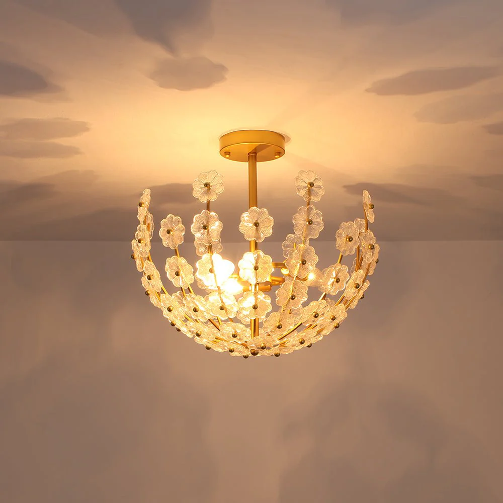 French Sculpture Brass Bloom Glass Floral Semi Flush Mount - Image 10