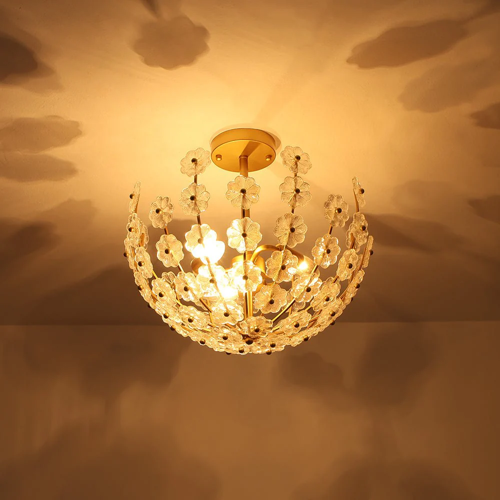 French Sculpture Brass Bloom Glass Floral Semi Flush Mount - Image 11