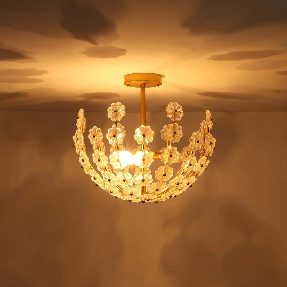 French Sculpture Brass Bloom Glass Floral Semi Flush Mount - Image 12