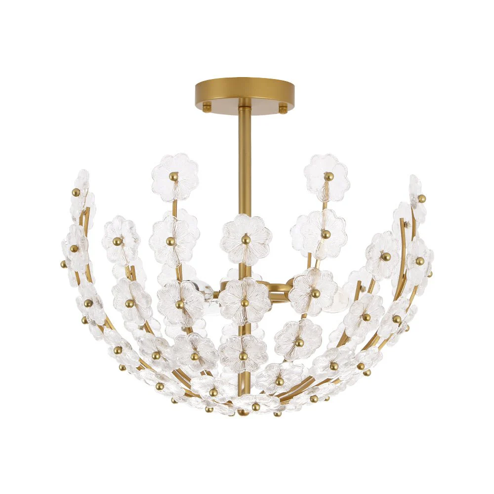 French Sculpture Brass Bloom Glass Floral Semi Flush Mount - Image 13