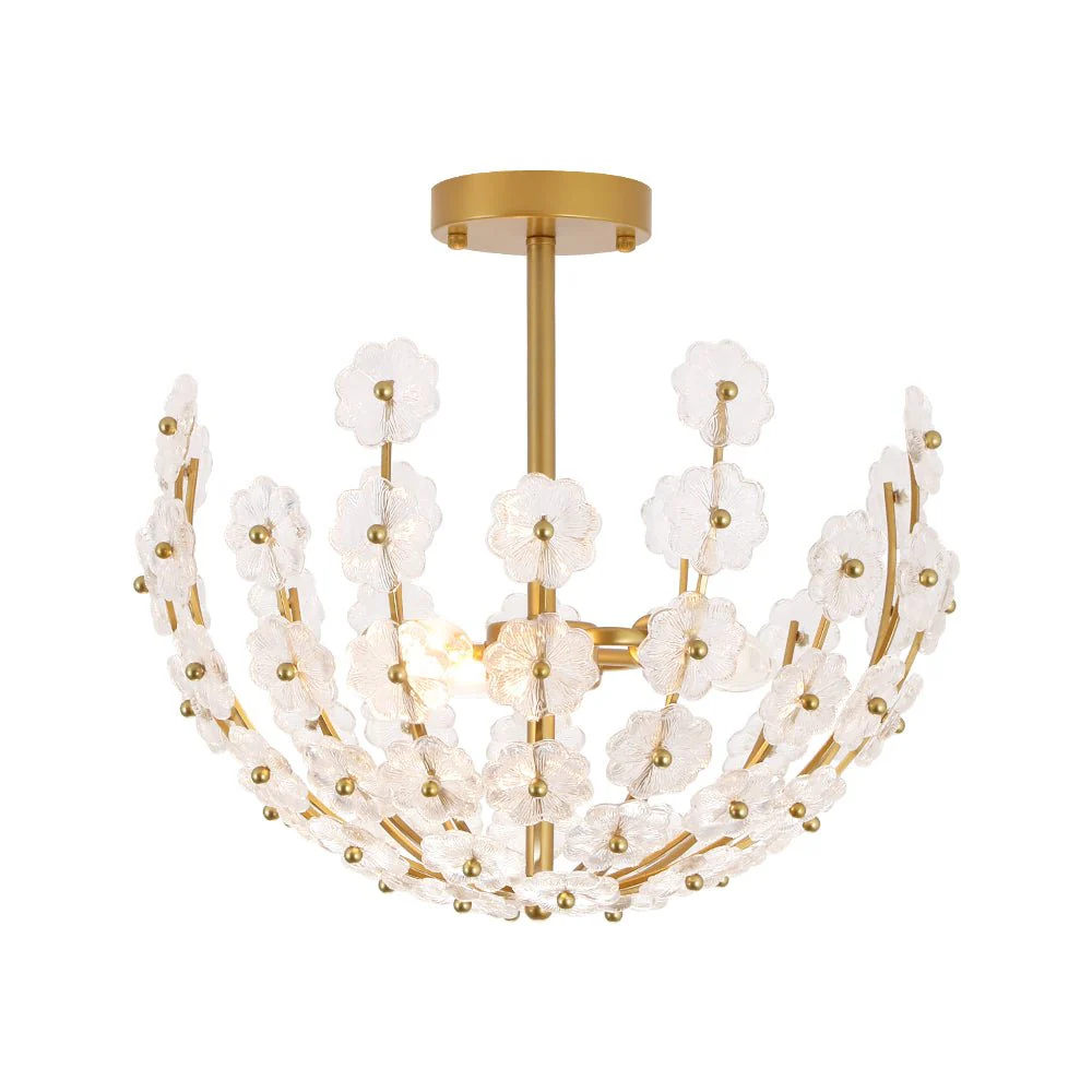 French Sculpture Brass Bloom Glass Floral Semi Flush Mount - Image 14