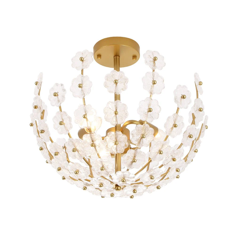 French Sculpture Brass Bloom Glass Floral Semi Flush Mount - Image 17