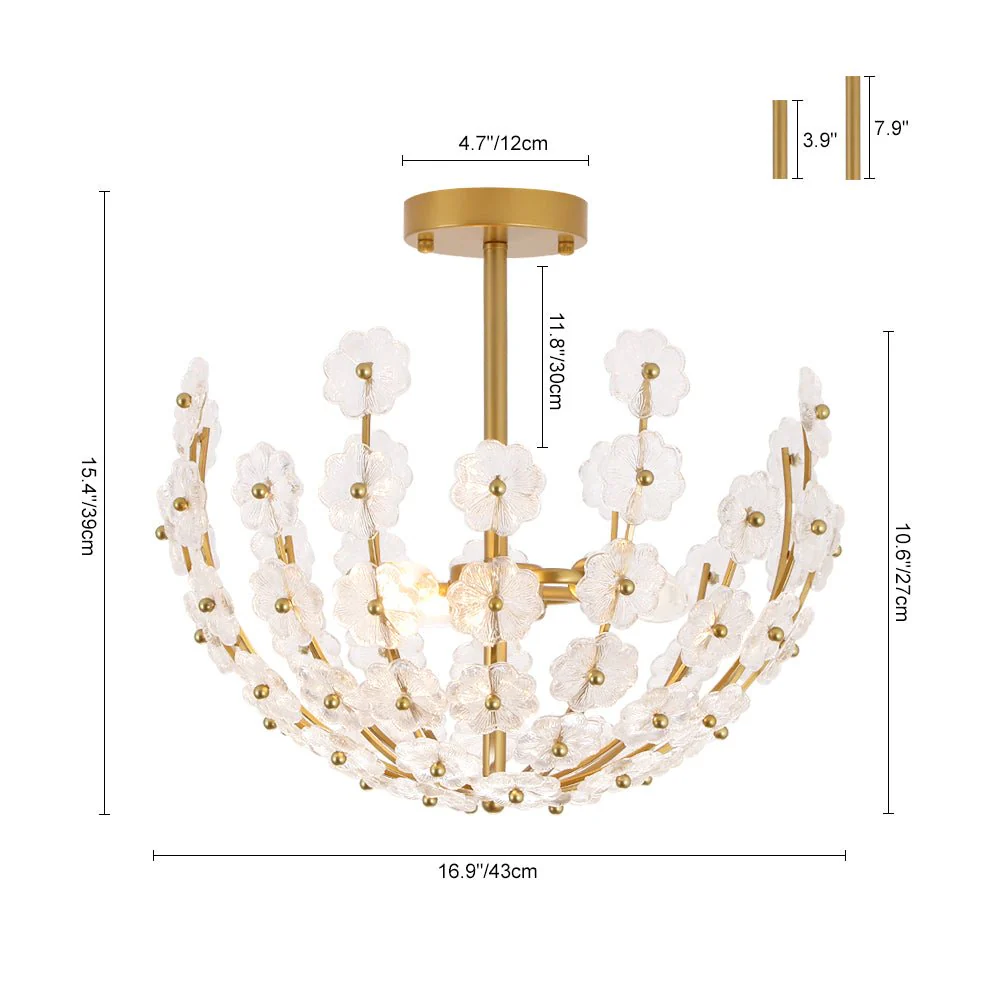 French Sculpture Brass Bloom Glass Floral Semi Flush Mount - Image 18