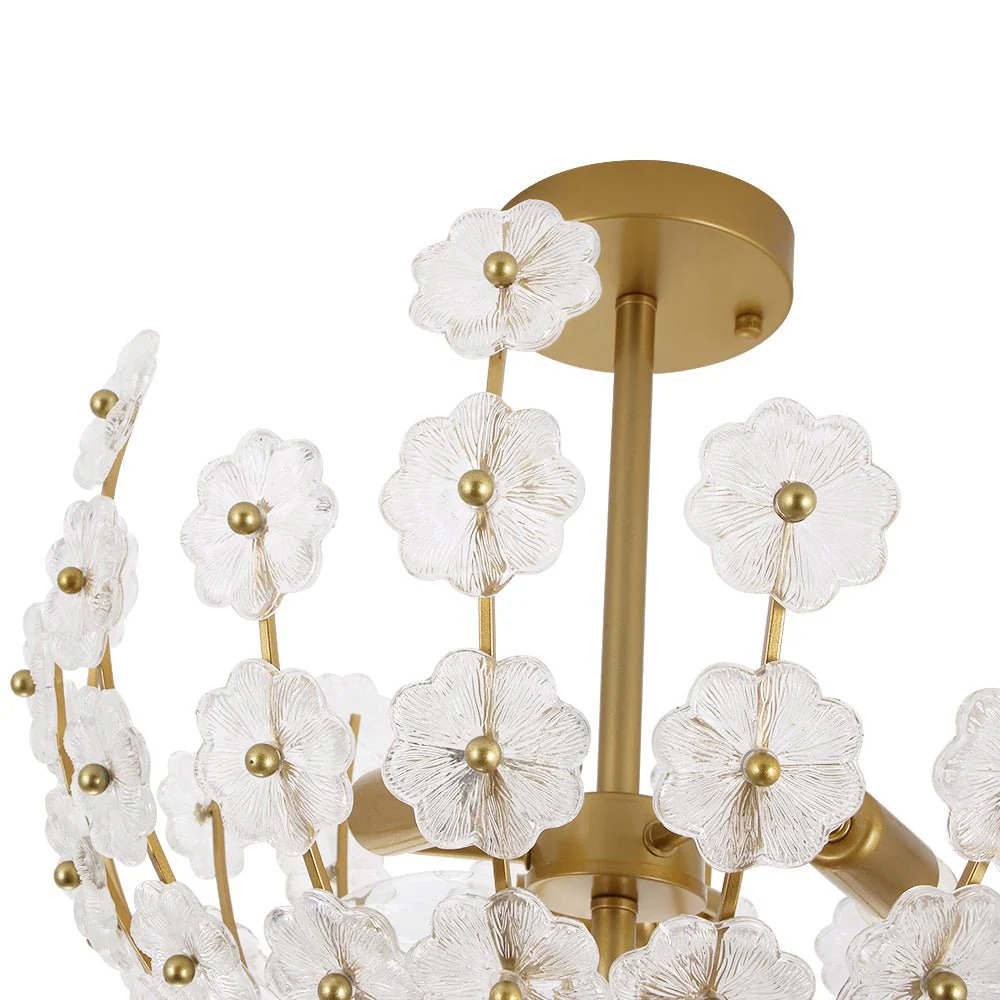 French Sculpture Brass Bloom Glass Floral Semi Flush Mount - Image 6
