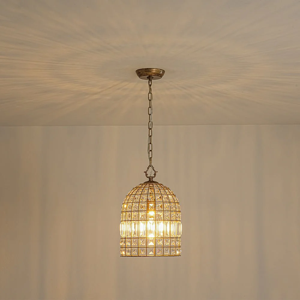 French Shabby Chic Antique Brass Crystal Cage Chandelier - Image 4