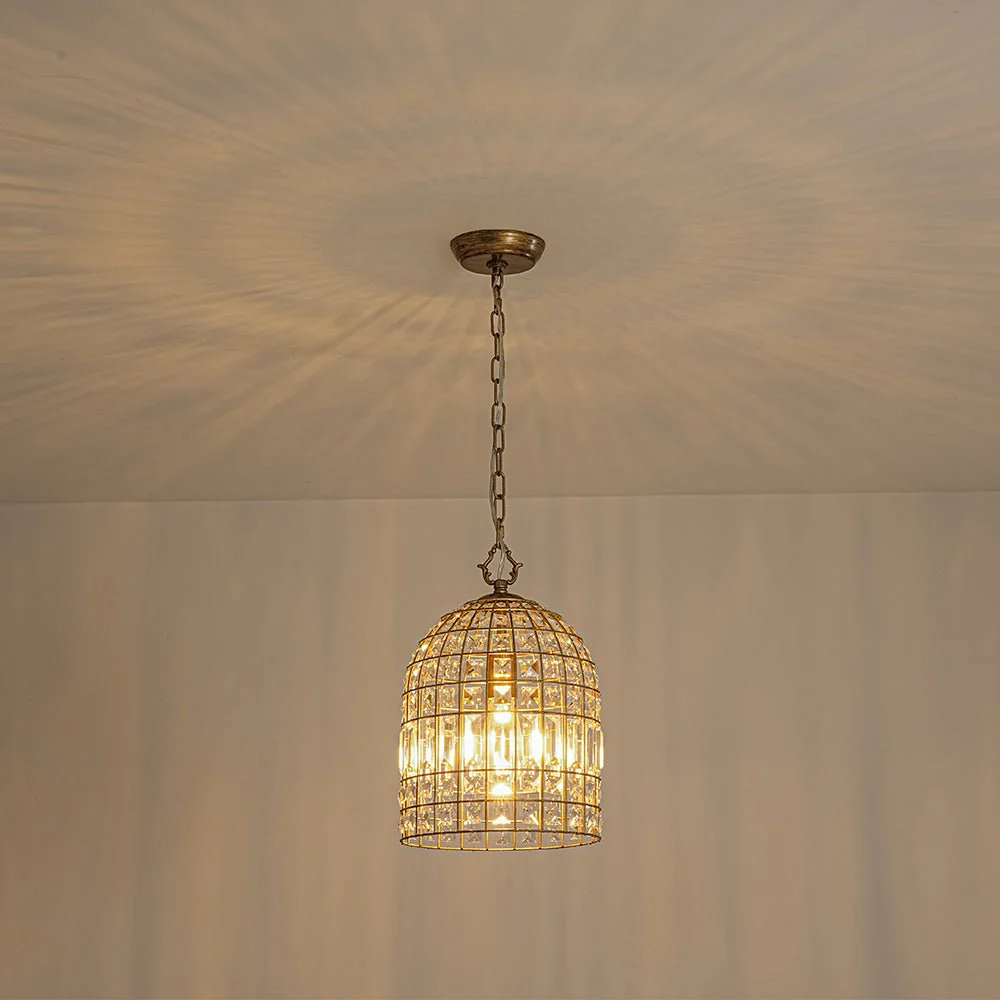 French Shabby Chic Antique Brass Crystal Cage Chandelier - Image 5