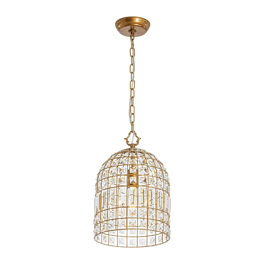 French Shabby Chic Antique Brass Crystal Cage Chandelier - Image 9