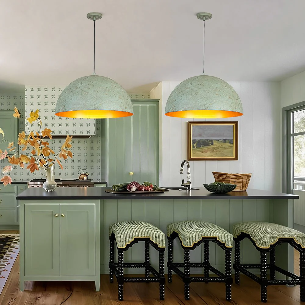French Shabby Chic Weathered Patina Green Oversized Dome Pendant