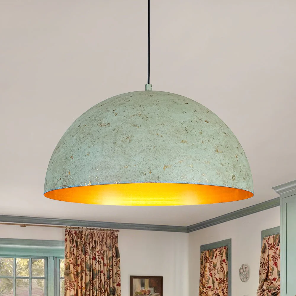 French Shabby Chic Weathered Patina Green Oversized Dome Pendant - Image 2