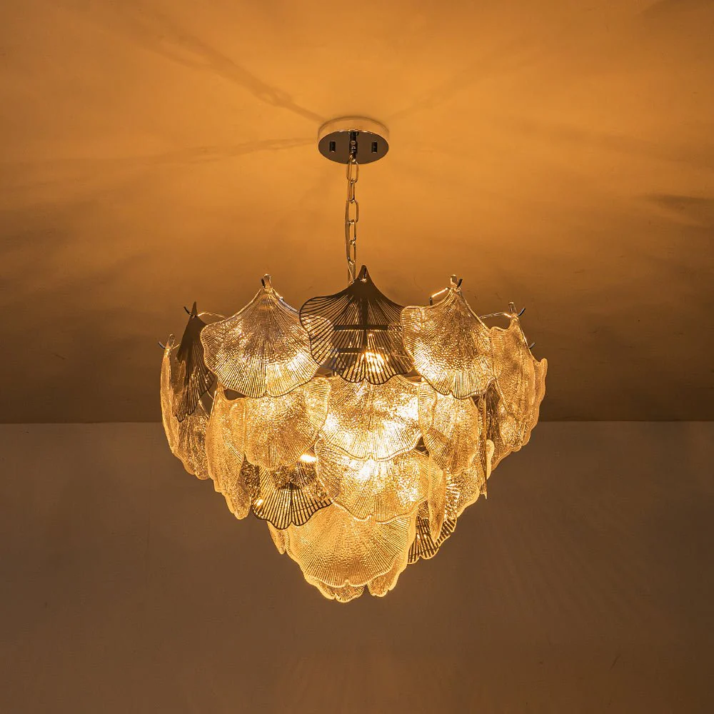 French Tiered Ginkgo Leaf Textured Glass Round Chandelier - Image 10