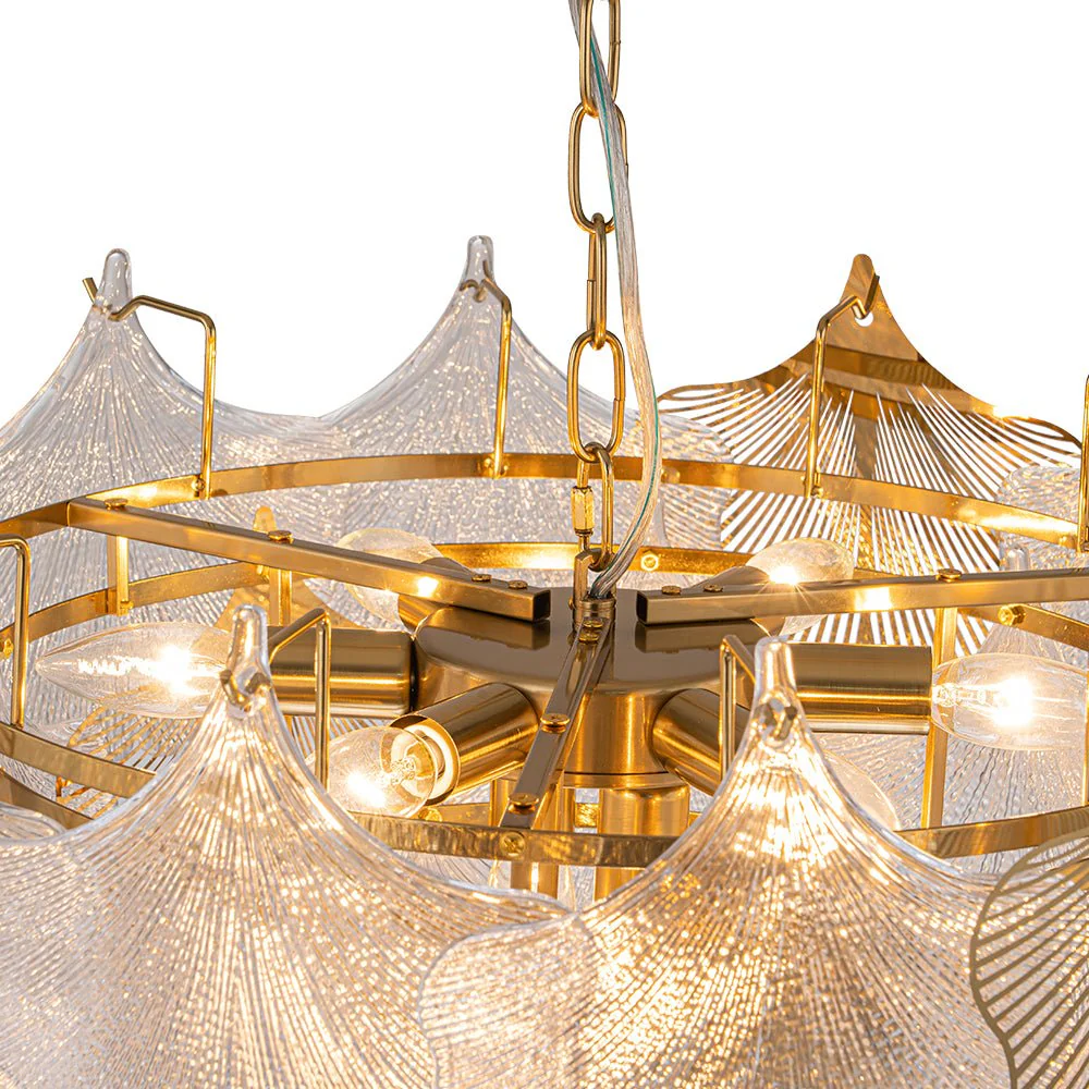 French Tiered Ginkgo Leaf Textured Glass Round Chandelier - Image 11