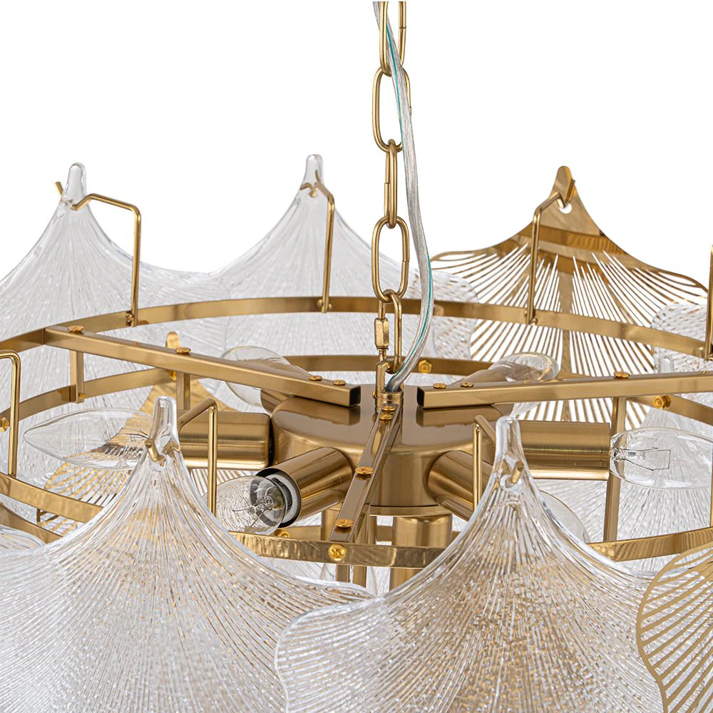 French Tiered Ginkgo Leaf Textured Glass Round Chandelier - Image 12
