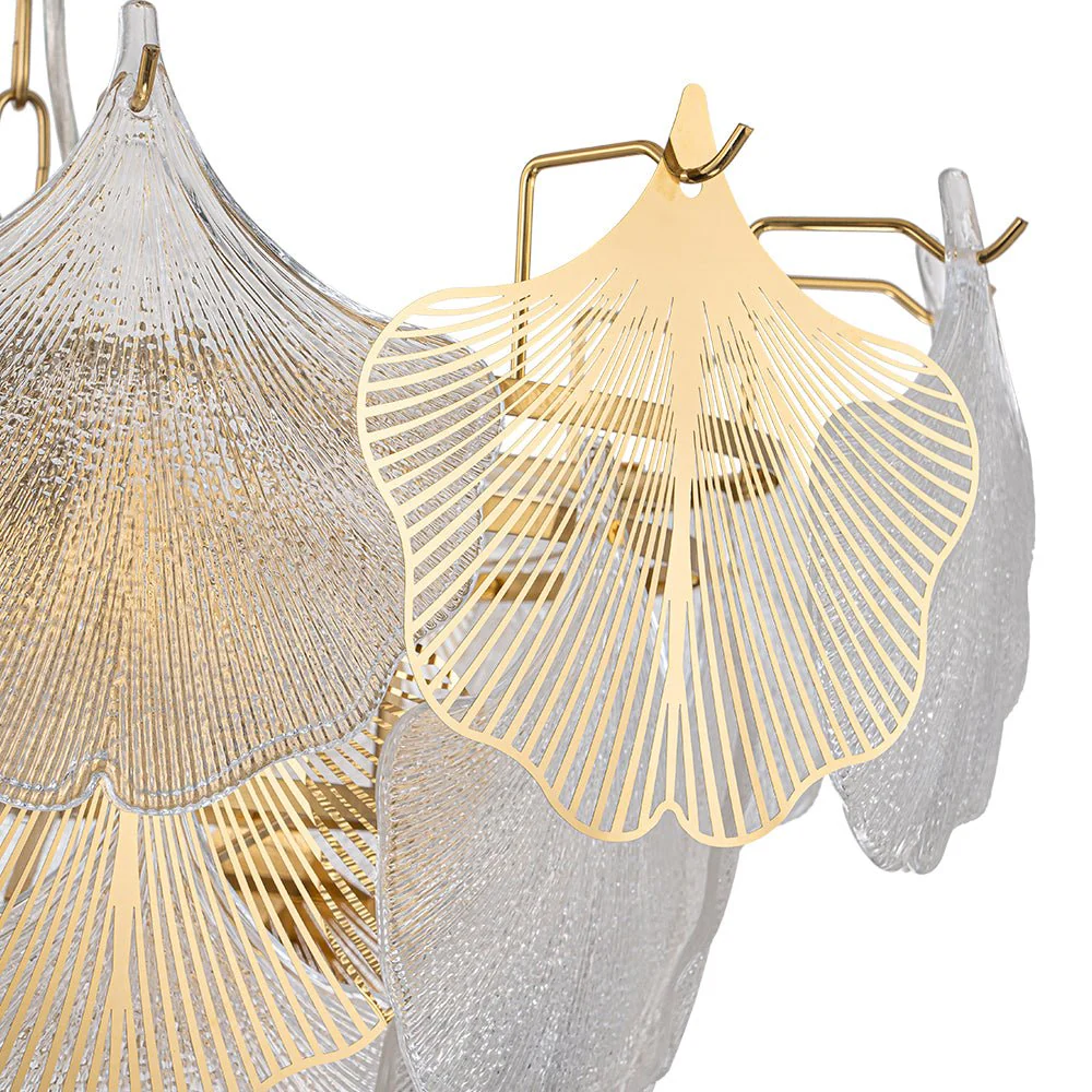 French Tiered Ginkgo Leaf Textured Glass Round Chandelier - Image 13