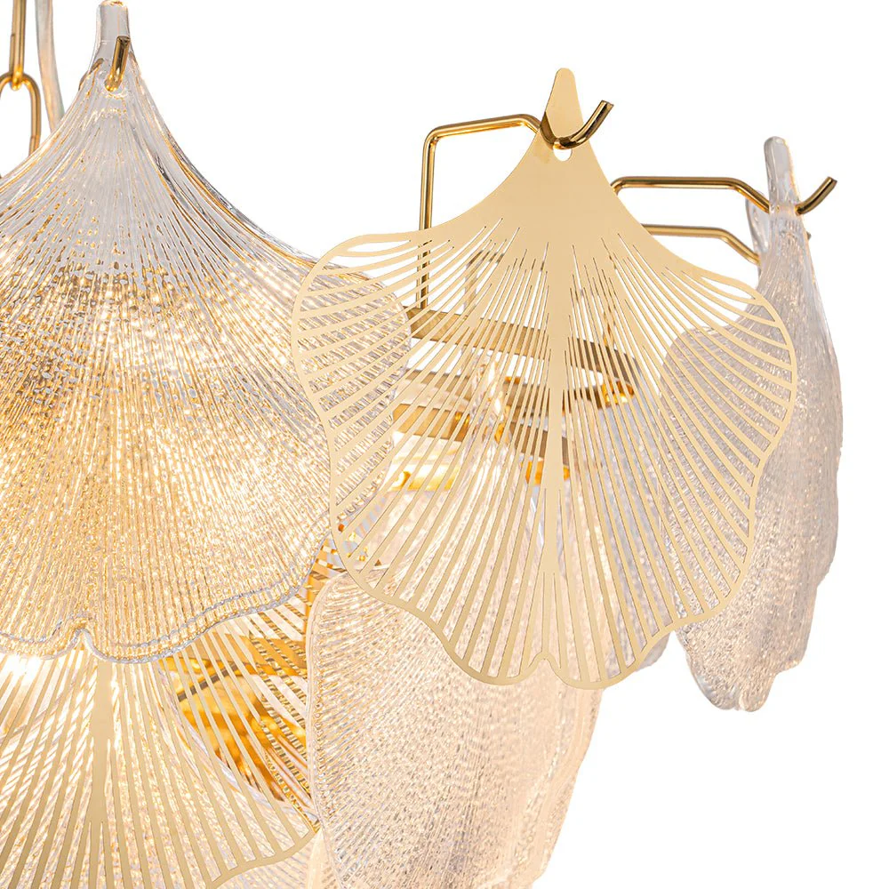 French Tiered Ginkgo Leaf Textured Glass Round Chandelier - Image 14