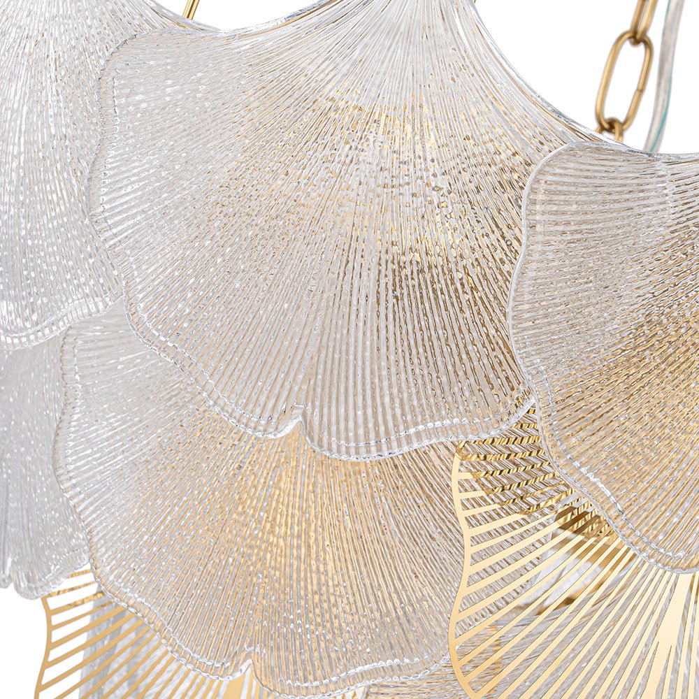 French Tiered Ginkgo Leaf Textured Glass Round Chandelier - Image 15