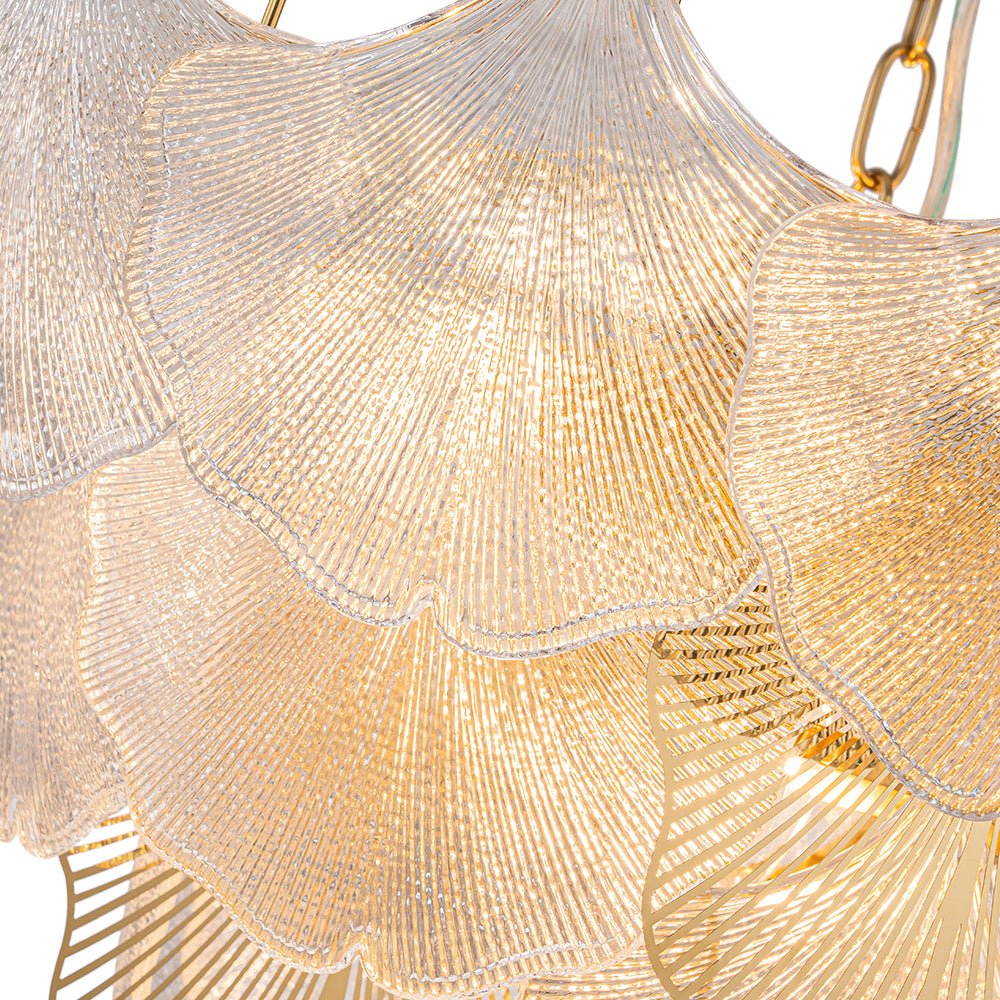 French Tiered Ginkgo Leaf Textured Glass Round Chandelier - Image 16