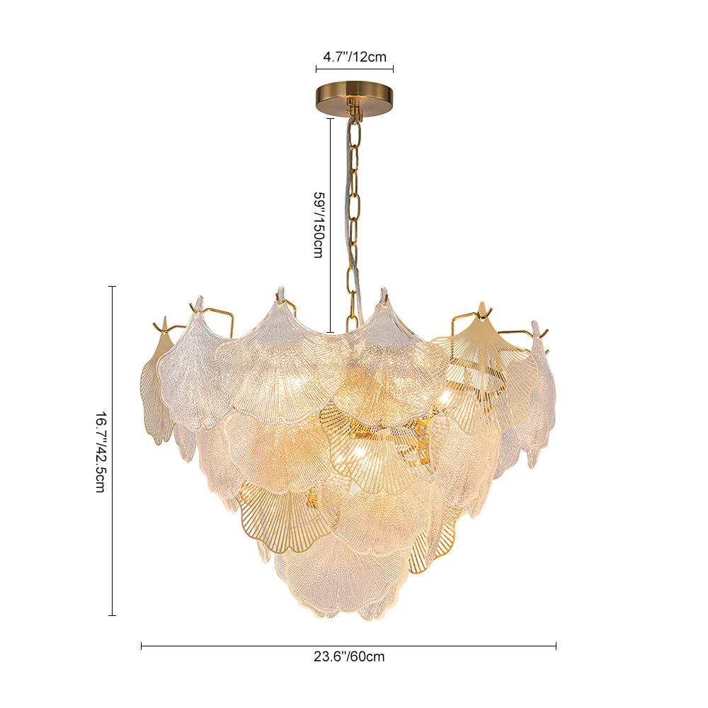 French Tiered Ginkgo Leaf Textured Glass Round Chandelier - Image 19