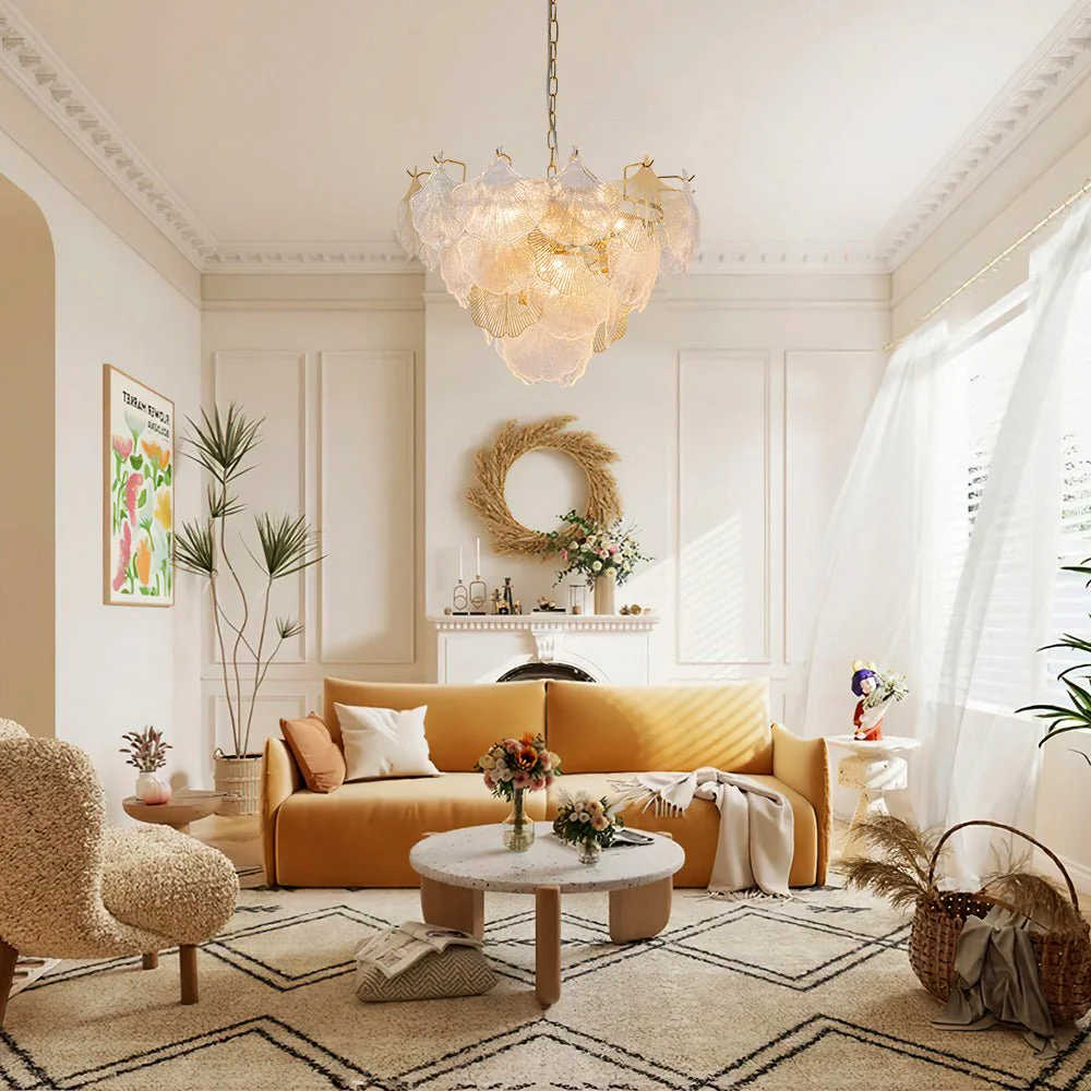 French Tiered Ginkgo Leaf Textured Glass Round Chandelier - Image 2