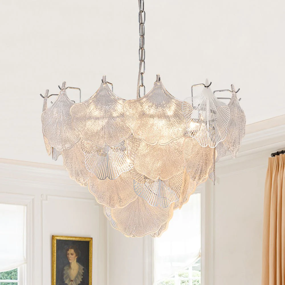 French Tiered Ginkgo Leaf Textured Glass Round Chandelier - Image 3
