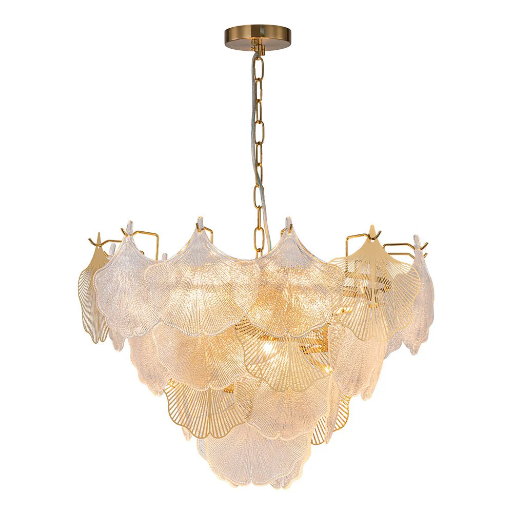 French Tiered Ginkgo Leaf Textured Glass Round Chandelier - Image 4