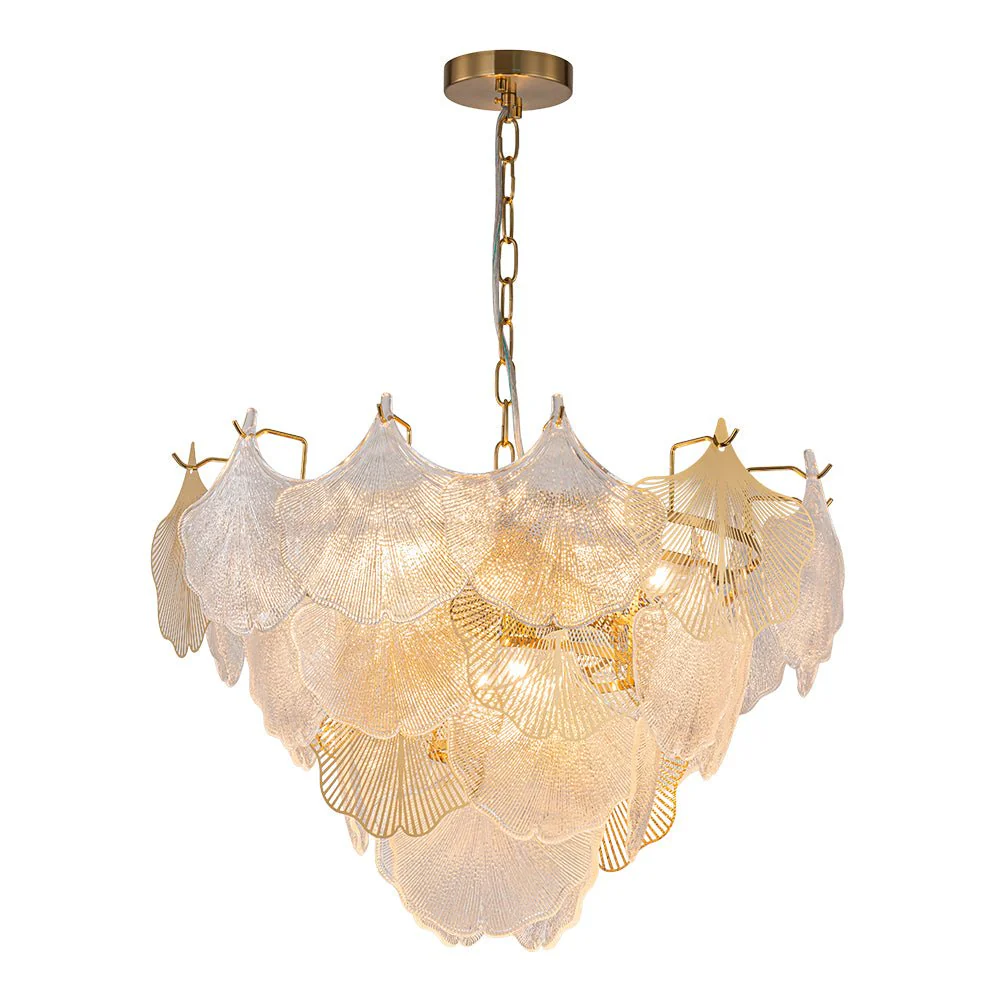 French Tiered Ginkgo Leaf Textured Glass Round Chandelier - Image 5