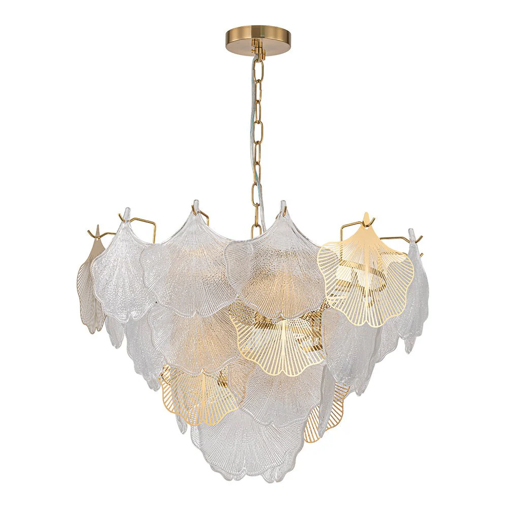 French Tiered Ginkgo Leaf Textured Glass Round Chandelier - Image 6