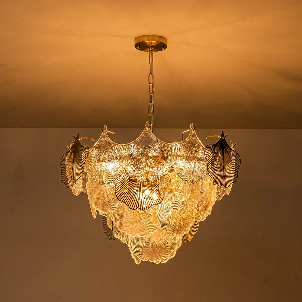 French Tiered Ginkgo Leaf Textured Glass Round Chandelier - Image 7